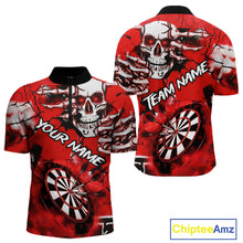 Load image into Gallery viewer, Personalized Red Grunge Skull Darts Shirt For Men Custom Darts Team Jersey Polo & Quarter Zip TDM5028