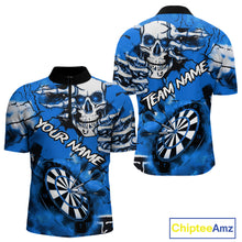 Load image into Gallery viewer, Personalized Blue Grunge Skull Darts Shirt For Men Custom Darts Team Jersey Polo & Quarter Zip TDM5029