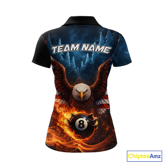 American Flag Eagle 8 Ball Flame Billiard Shirt For Women Custom Patriotic Pool Jersey Polo, 1/4 Zip TDM5754