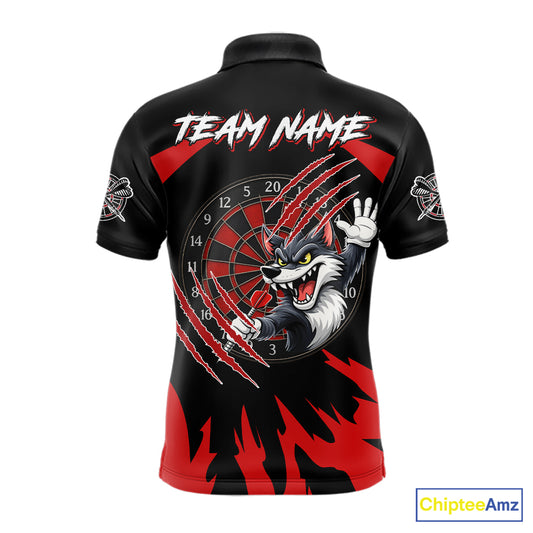 Black And Red Funny Wolf Darts Shirt For Men Custom Darts Jersey, Darts Outift Polo & 1/4 Zip TDM6142
