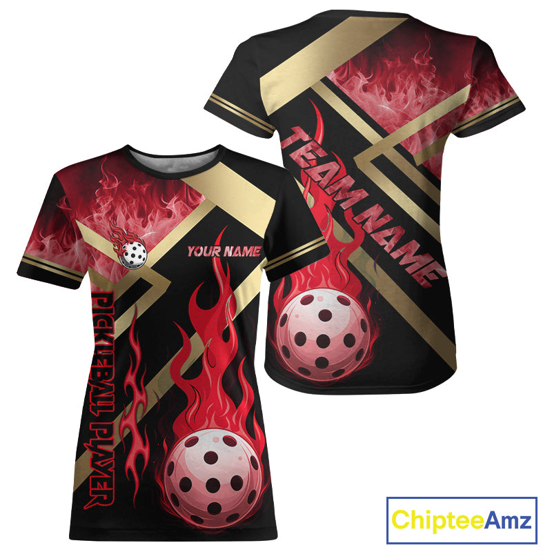 Red Flames Pickleball Ball T-Shirt For Women Custom Pickleball Jersey Personalized Team Apparel