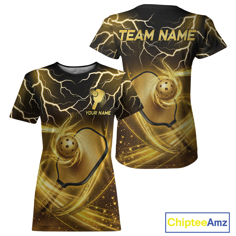 Gold Lightning Pickleball Ball And Paddle Shirt For Women Custom Team Outfit