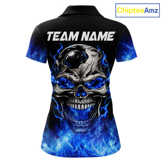 Custom Thunder Blue & Silver Skull Bowling Ball Shirt For Women Bowling Team 1/4-Zip Polo Jersey NYN4733