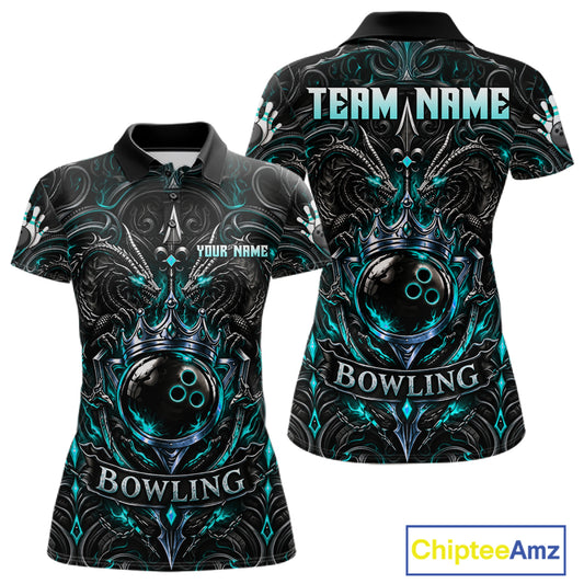 Womens Teal Gothic Dragon Bowling Polo Quarter-Zip Shirt Custom Neon Blue Strike Bowling Team Jersey NYN4735