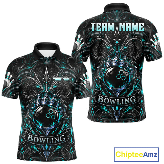 Men's Teal Gothic Dragon Bowling Polo Quarter-Zip Shirt Custom Neon Blue Strike Bowling Team Jersey NYN4735