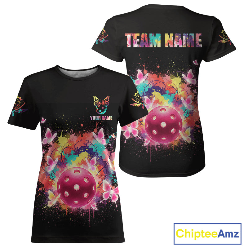 Colorful Flowers Butterfly Pickleball Ball T-Shirt Custom Black Women's Pickleball Jerseys NYN1874