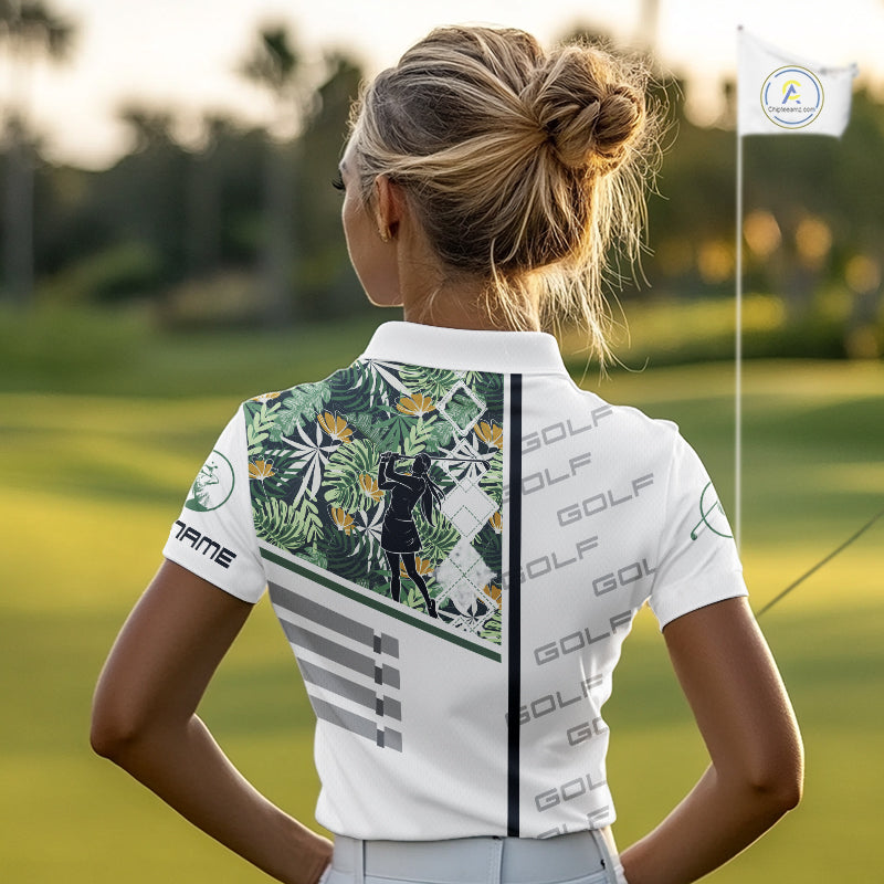 Custom Name Green Tropical Golf Womens Polo Shirt, White Golf Jerseys Best Floral Golf Gifts NYN2993