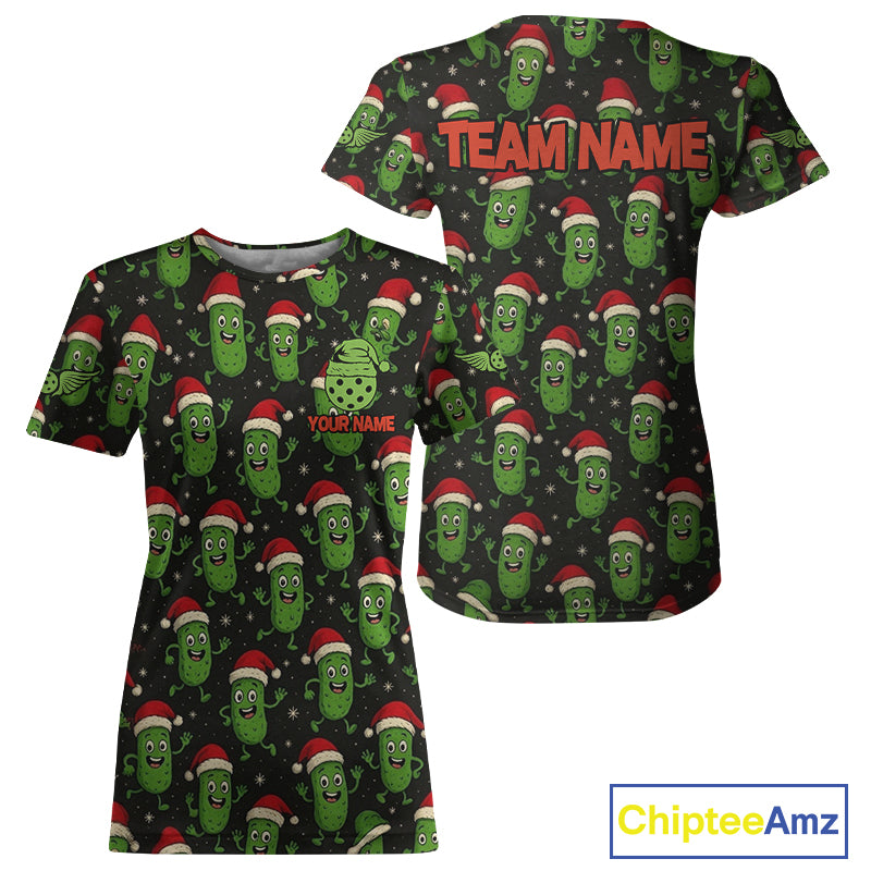 Custom Santa Hat Pickle Christmas Pickleball Women T-Shirt Xmas Funny Pickleball Jerseys NYN1583