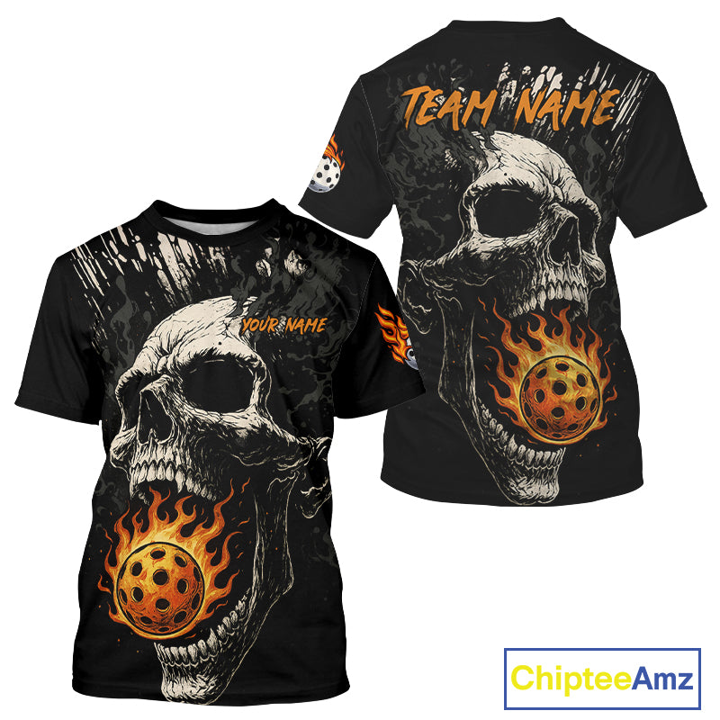 Custom Black And Red Flames Pickleball Ball T-Shirt For Men Grunge Pickleball Jerseys NYN1584