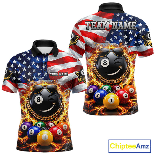 Flame Funny 8 Ball Pool Shirt For Men Custom US Flag Patriotic Billiard Tournament Shirt NYN4763