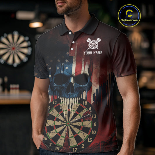 Custom Grunge US Flag Skull Dartboard Men Darts Polo Shirt Outfits Patriotic Dart Jerseys NYN1894