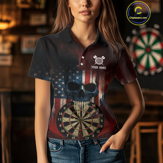 Custom Grunge US Flag Skull Dartboard Women Darts Polo Shirt Outfits Patriotic Dart Jerseys NYN1894