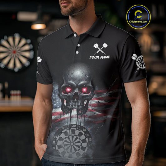 Custom Smoke US Flag Black Dripping Skull Men Darts Polo Shirt Patriotic Dart Jerseys NYN1899