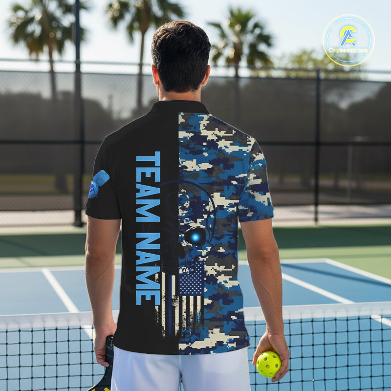 Custom Navy Digital Camo Skull Pickleball League Jerseys Men Skull Pickleball Paddle Shirt NYN2155