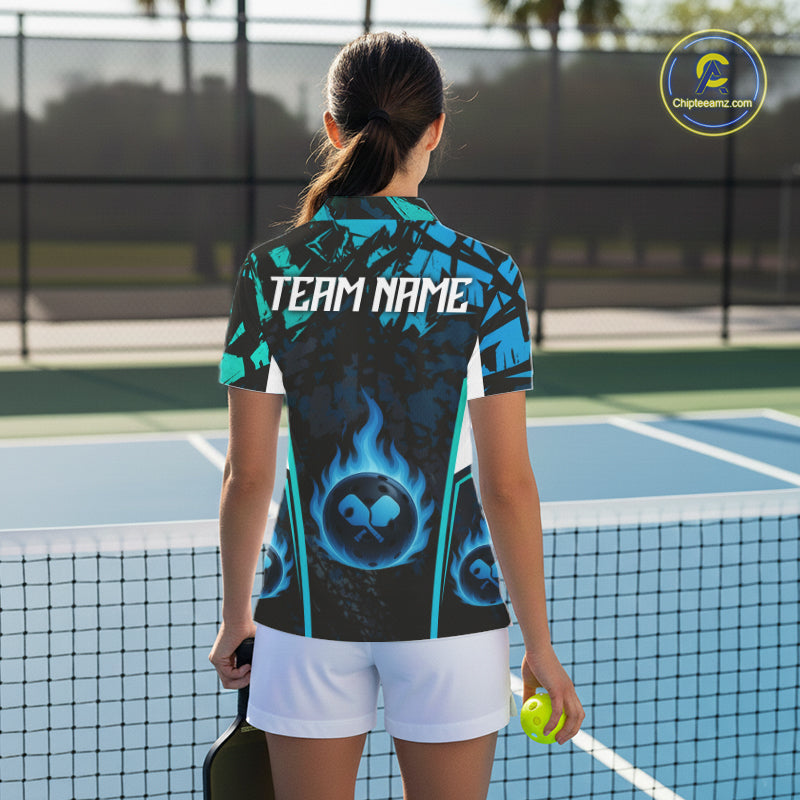 Custom Black Grunge Blue Flames Pickleball Ball Jerseys Women Pickleball Paddle Team Shirts NYN2160