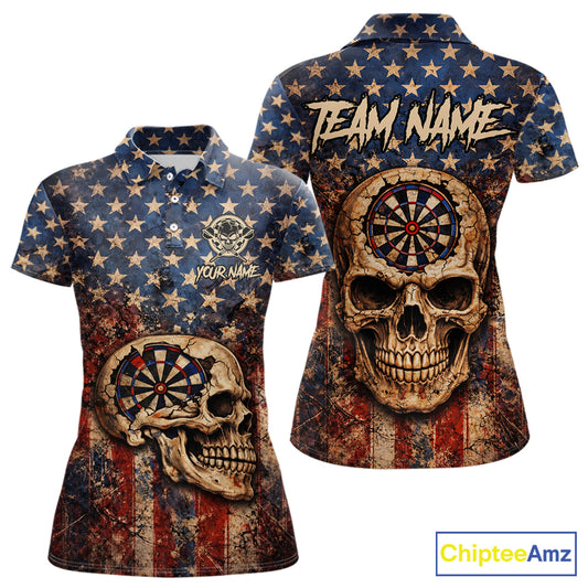 US Flag Retro Cracked Skull Dartboard Women Darts Polo Shirt Custom Patriotic Vintage Dart Shirt NYN2660