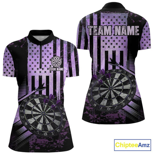 Purple US Flag Grunge Dartboard & Arrow Women Darts 1/4-Zip Shirts Custom Dart Team Jerseys NYN2444