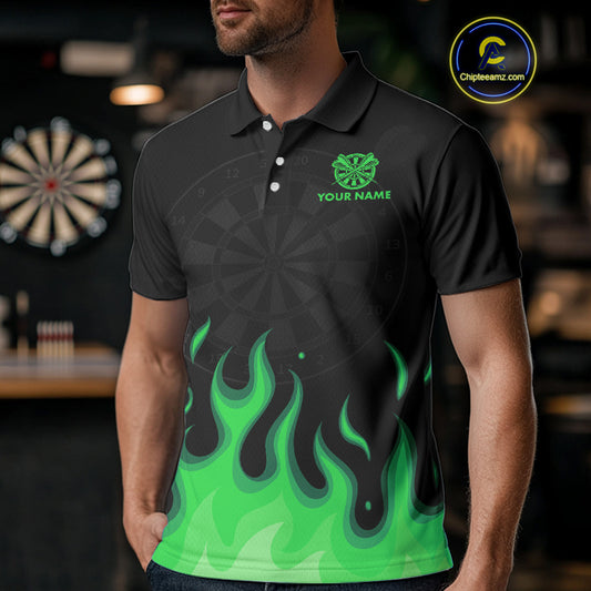 Custom Green Flames Skull Dartboard Polo Darts Shirt For Men Outfit Dart Team Jersey NYN0995