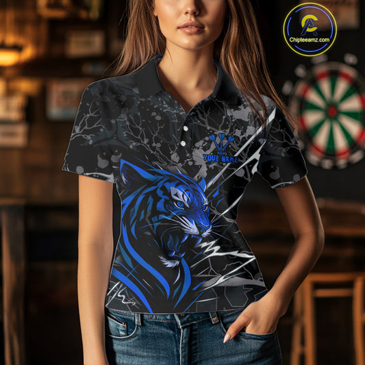 Women's Polo Dart Shirt Blue Fierce Tiger Dartboard Personalized Darts Jerseys Outfits NYN1016