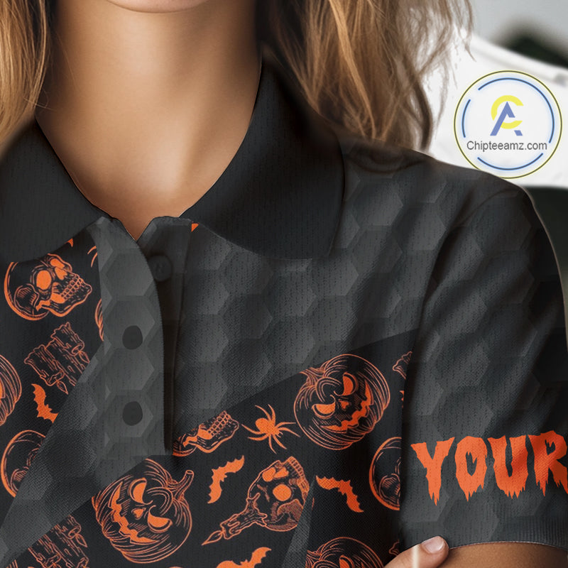 Halloween Golf Polo Shirt Custom Pumpkin Face Pattern Black Golf Shirts For Women Golf Gifts NYN4810