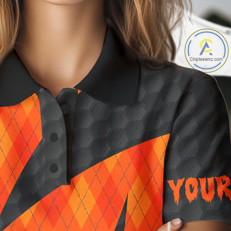 Halloween Golf Polo Shirt Custom Orange Argyle Pattern Black Golf Shirts For Women Golf Gifts NYN4811