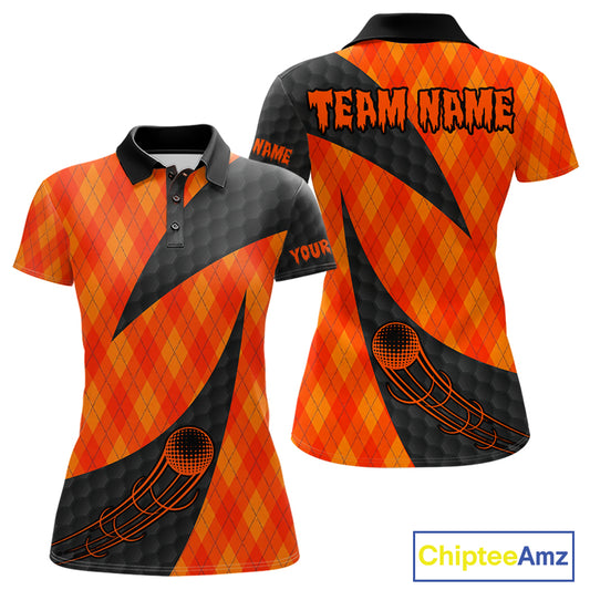 Halloween Golf Polo Shirt Custom Orange Argyle Pattern Black Golf Shirts For Women Golf Gifts NYN4811