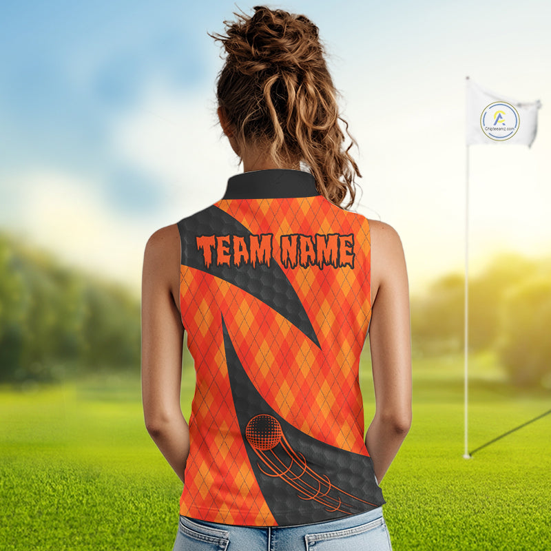 Halloween Golf Sleeveless Polo Shirt Custom Orange Argyle Pattern Black Golf Shirts For Women Golf Gifts NYN4811
