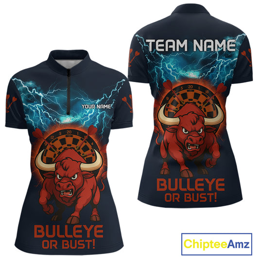 Women's Custom Darts Shirt With Red Angry Bull Lightning Effect And Flame Dartboard NYN0262