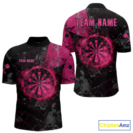 Black And Pink Smoking Dartboard Men Dart Polo 1/4-Zip Shirt Custom Grunge Dart Team Attire NYN3214