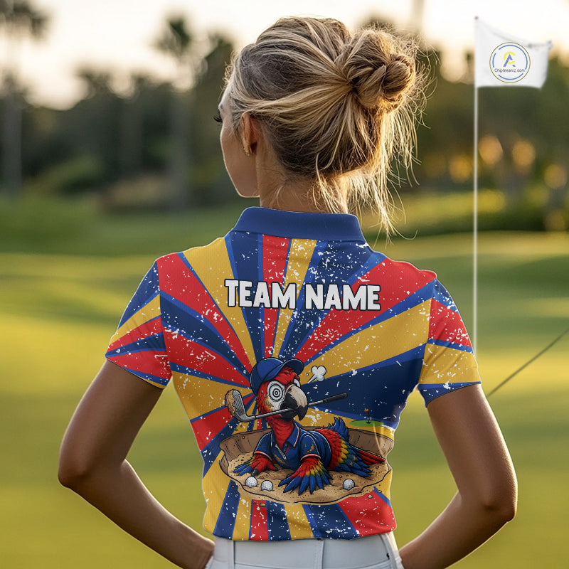 Female golfer wearing colorful parrot golf polo during golf league play, premium breathable golf apparel for tropical fashion lovers, bird enthusiasts and vacation travelers.