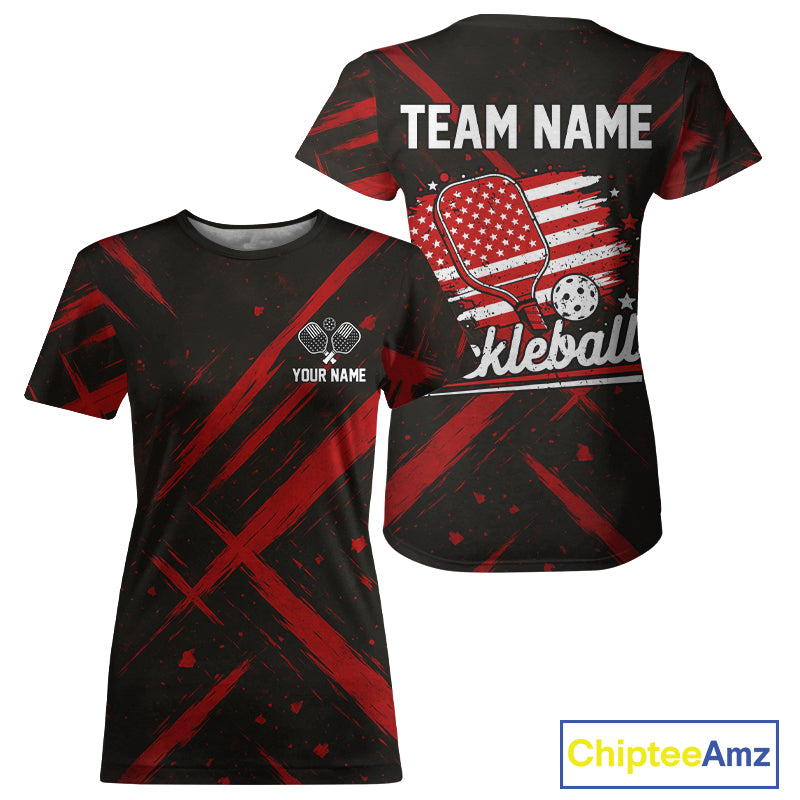 Custom Red Grunge Patriotic Pickleball T-Shirt For Women Outfits US Flag Pickleball Jersey NYN1378