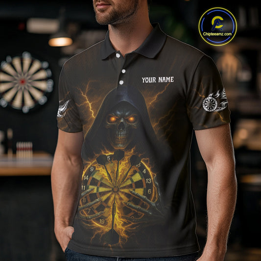 Custom Lightning Yellow Bone Skeleton Dartboard Dart Men Polo Jerseys Dart Shirt Gifts NYN1651