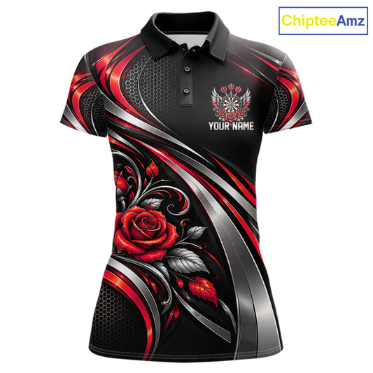 Wings Dartboard Polo 1/4-Zip Shirt For Women Personalized Silver Red Roses Darts Tournament Jersey NYN4838