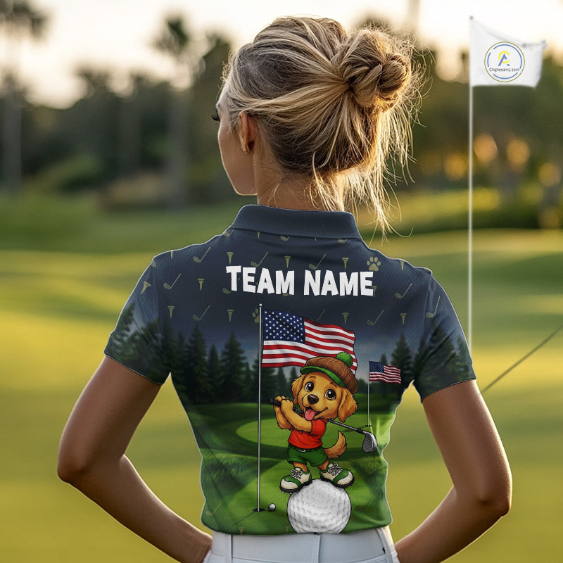 Woman wearing patriotic Golden Retriever golf polo shirt with American flag design