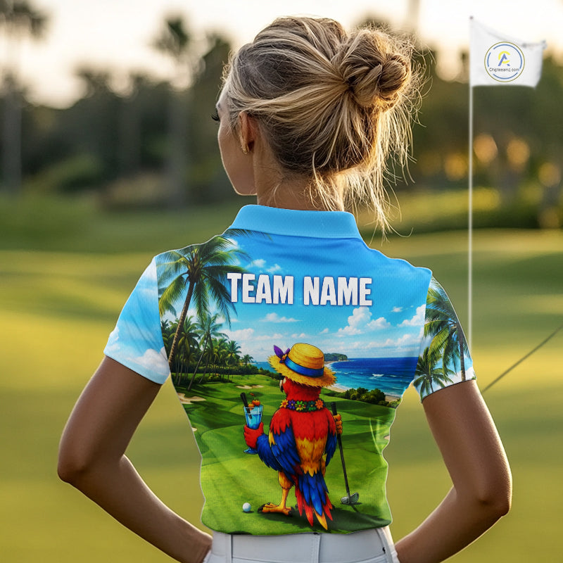 Woman wearing tropical parrot golf polo shirt during summer golf outing