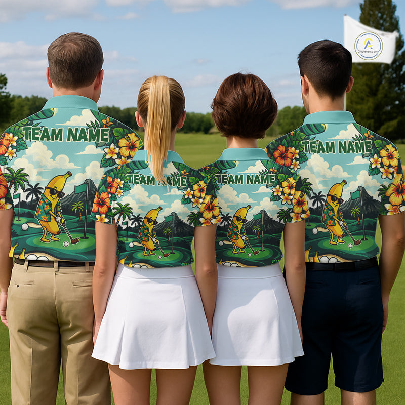 Men's golf team wearing banana golfer tropical golf polo shirts