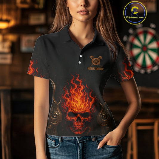 Flame Skull & Dartboard Custom Darts Polo Shirt For Women - Darts Team Jersey NYN0742
