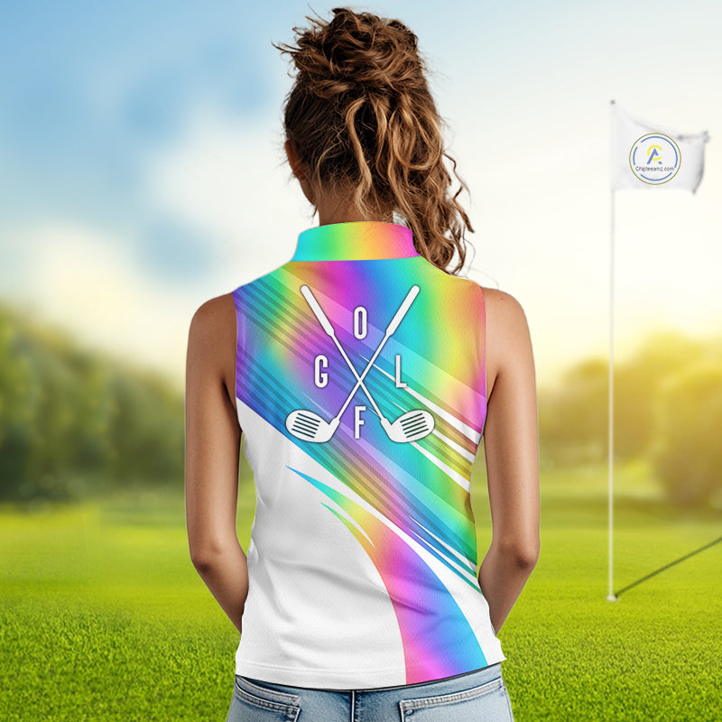 Holographic Rainbow Mens Golf Sleeveless Polo Shirts Custom Golf Tops For Women Personalized Golf Team Gifts NYN4452