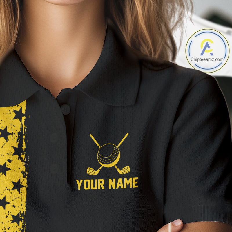 Black And Yellow American Flag Mens Golf Polo Shirts Custom Name Patriotic Team Golf Uniform Nqs10018 NYN4454