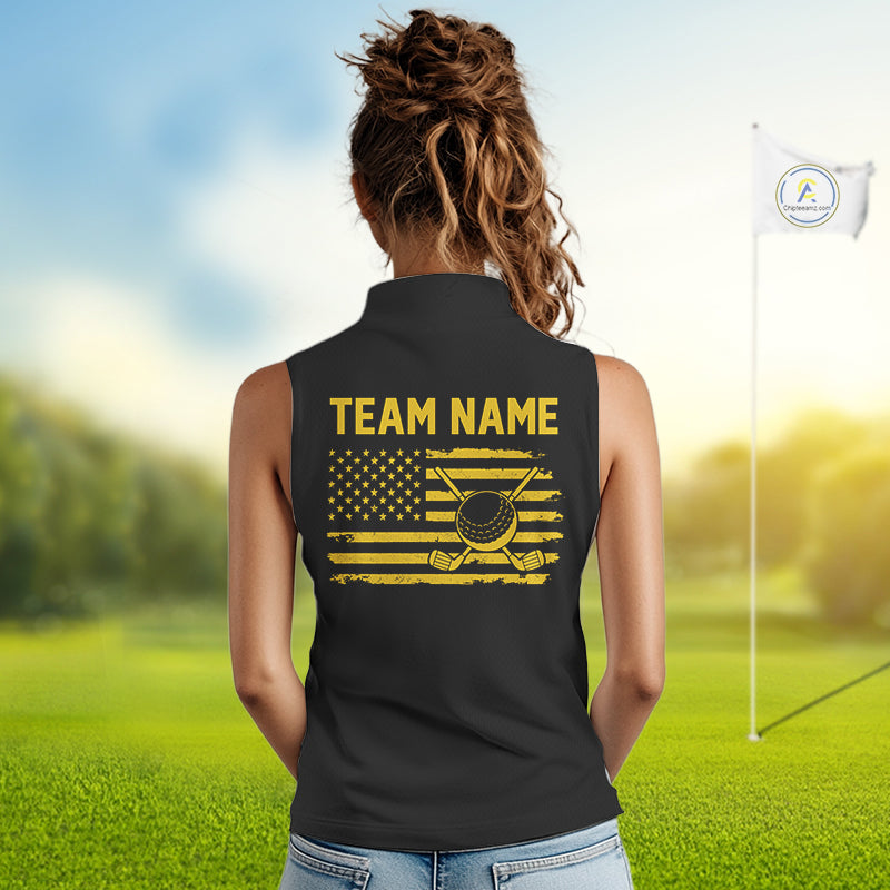Black And Yellow American Flag Mens Golf Sleeveless Polo Shirts Custom Name Patriotic Team Golf Uniform Nqs10018 NYN4454