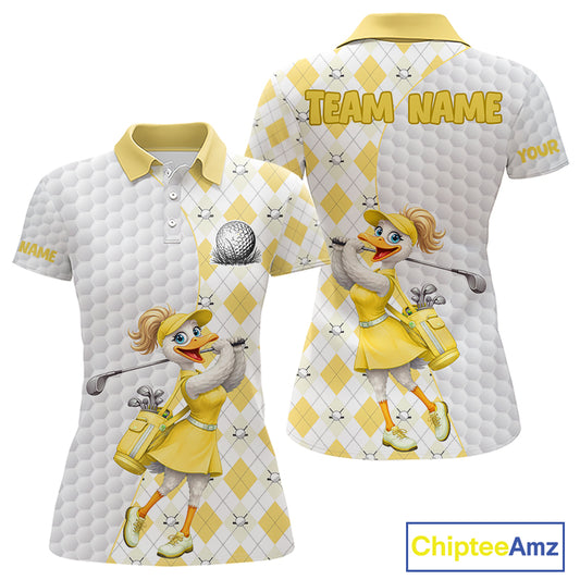 Custom Yellow Argyle Golf Polo Shirts For Women Funny Duck Golfer Best Golf Clothing Shirts NYN4461