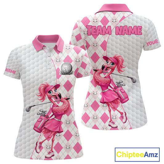 Custom Pink Argyle Golf Polo Shirts For Women Funny Flamingo Golfer Best Golf Clothing Shirts NYN4462