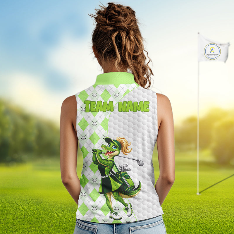 Custom Green Argyle Golf Sleeveless Polo Shirts For Women Funny Alligator Golfer Best Golf Clothing Shirts NYN4463
