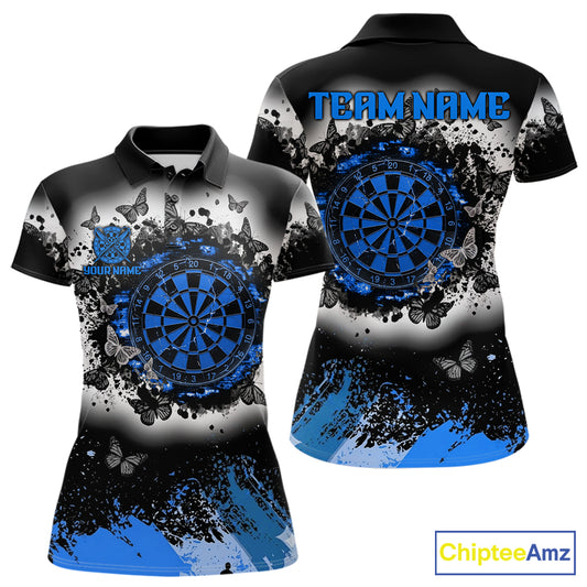 Women's white blue black grunge butterfly dart polo shirt mockup custom dart team jersey