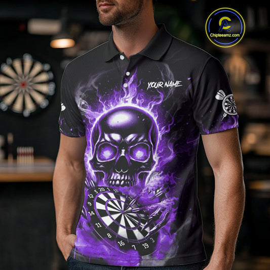 Custom Fire Flame Dartboard Lightning Purple Skull Dart Men Polo Jerseys Dart Team Shirt NYN1675