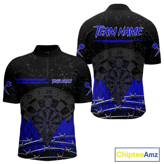 Barbed Wire & Grunge Dartboard Blue Darts Shirt For Men - Custom Name For Players NYN0547