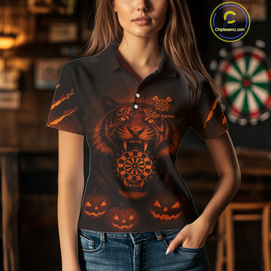 Custom Pumpkin Tiger Horror Halloween Dart Polo Shirt For Women Dart Tournament Jerseys NYN1421