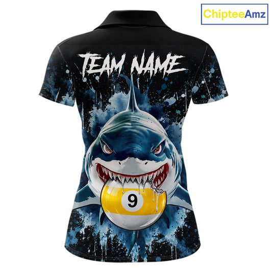 Funny Shark Women Billiard Polo 1/4-Zip Shirt Custom Blue Splatter 8 Ball 9 Ball Pool Team Jersey NYN4481