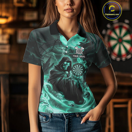 Custom Turquoise Grim Reaper Fire Flames Dart Women Polo Jerseys Outfits Skull Dart Shirt NYN1684