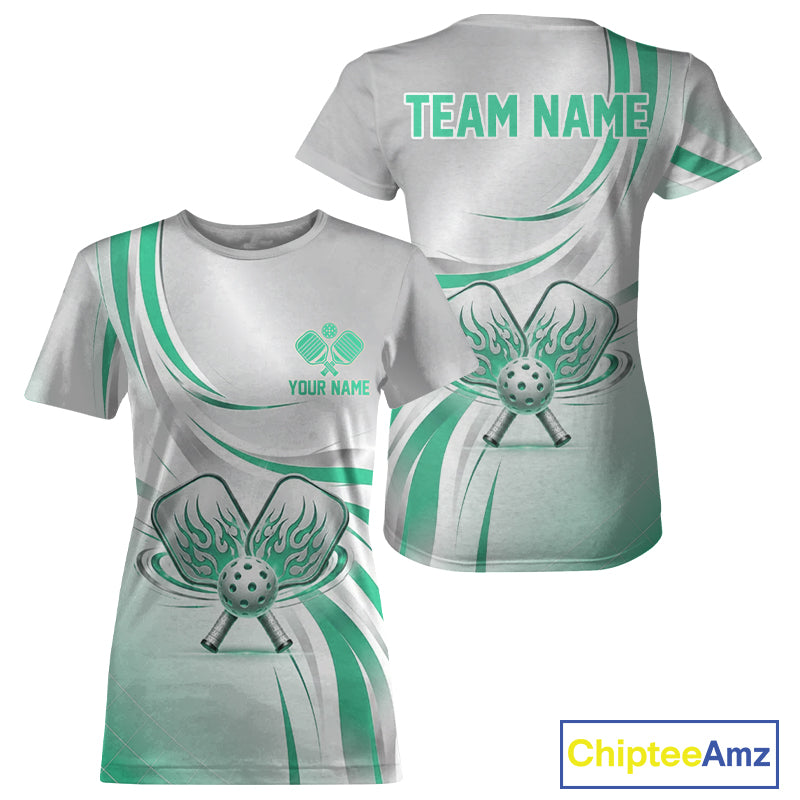 Green And Silver Pickleball Custom Pickleball Team Shirts For Women, Flame Pickleball Paddles Jerseys NYN4110